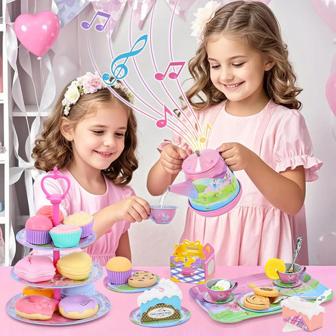 Set 3-5,53PCS Set 3-6 Tea Party for Toddles Musical Kids Tea for Little Girls with Dessert,Cookies,Doughnut,Cake,Cake