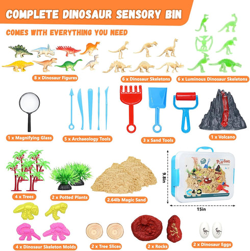 Vectronum 2.64lbs 3 4 5 6 7+ Dinosaur Sensory Bin with Lid - Sand, Archaeology Tools, Dino Figures & Skeletons, Sensory