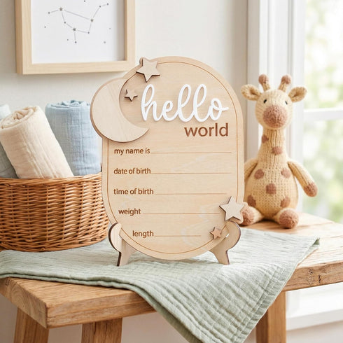 TTMerriwood 6.5 Inch Baby Announcement Sign Star, Wooden Hello World Newborn Welcome Sign Birth Name Plaques for Photo