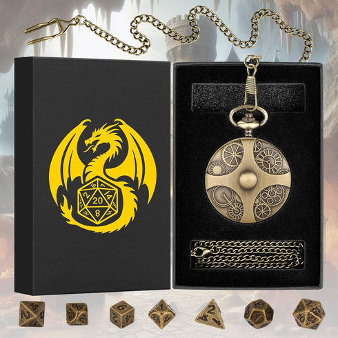 Mini DND Dice Set: 7pcs Polyhedral Metal Dice with Bronze Steampunk Gear Pocket Watch Case