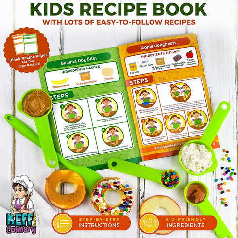 KEFF Kids Cooking and Baking Set, 30 Pcs Real Kitchen Utensils for Girls, Boys, Toddler - Green Kit with Apron & Chef