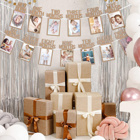 Whaline 1st Birthday Baby Photo Banner for Newborn to 12 Months, Monthly Milestone Bunting Garland Decoration (Kraft)