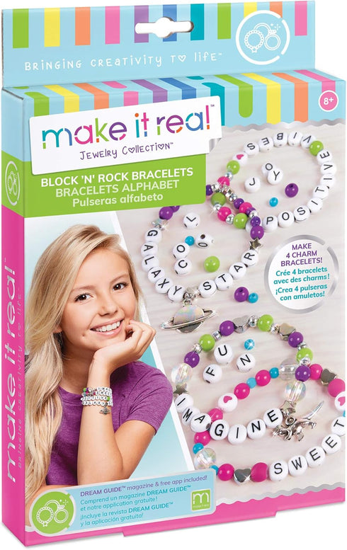 Make It Real: Block ‘N Rock Bracelets Kit - Create 4 Unique Letter Charm Bracelets, 147 Pieces