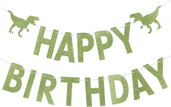 Green Glitter Dinosaur Happy Birthday Banner for Kids' Dino Theme Party Decorations