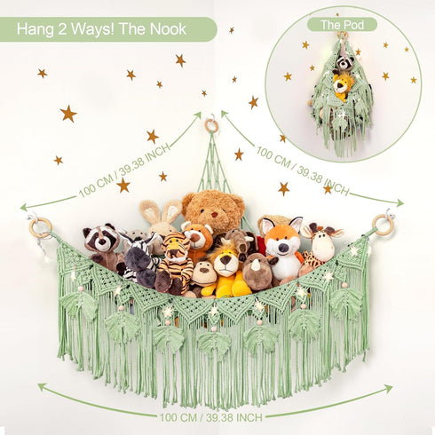 Hammock ANROYE Macrame Stuffed Animal Storage with Star Light, Bear Green for Girls Room Decor, Corner Hanging Mesh
