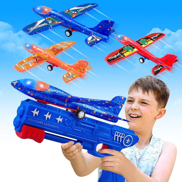 3 Pack Airplane Launcher Toys, 2 Flight Modes LED Foam Glider, Outdoor Flying Toy for Kids, Birthday Gifts for 6+