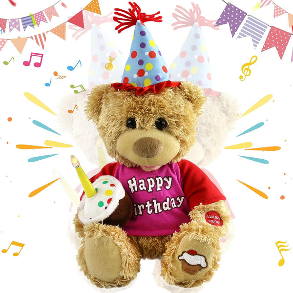 Houwsbaby 13.5'' Birthday Teddy Bear Interactive Stuffed Animal Electric Singing Musical Plush Toy with Cupcake for Kids