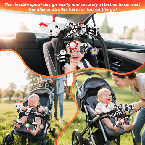 0-6 4 Car Seat Toys for Babies, Months Stroller Activity Black White Baby Spiral Plush Toys Newborn High Contrast
