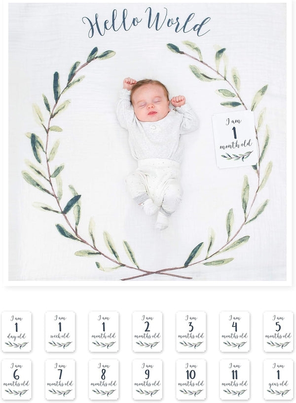 lulujo Baby’s First Year Milestone Blanket and Card Set | 40in x 40in (Hello World)