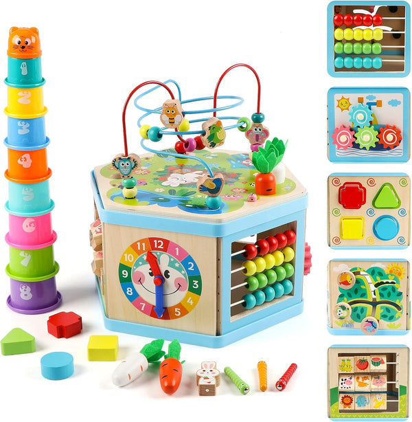 Wooden Activity Cube for 1 Year Old Kids, Educational Bead Maze for Toddler Age 1-3, Montessori Gift