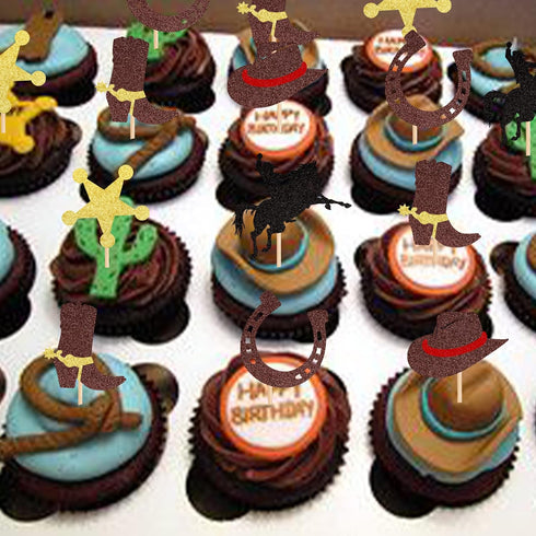 30 PCS Cowboy Cupcake Toppers, Glitter HorseShoe Cowboy Hats & Boots Picks for Western Theme Baby Shower Party