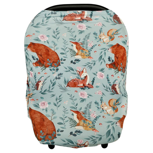 Baby Car Seat Cover, Multi-use Nursing Cover for Breastfeeding, Stretchy Stroller Canopy, Woodland Animal Bear