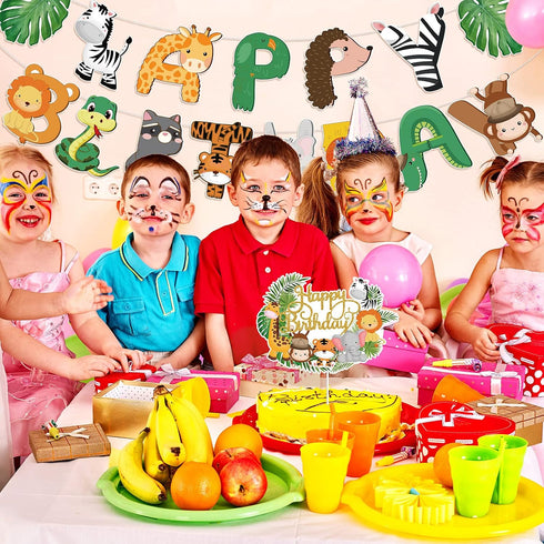 Clabby 2 Pieces Happy Birthday Banner Cupcake Topper Safari Animals Jungle Theme Party Supplies Baby Shower Decorations