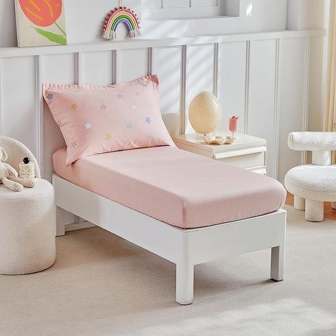 Set Girls,4 Sets,Pink Set,Includes DuShow Cotton Toddler Bedding for Piece Toddler Bed Star Pattern Kids Comforter