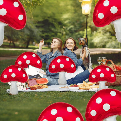 6 31 21 PCS Mushroom Balloons with Red & White Polka Dots, Forest/Garden Party Theme Party Decor, Cute Mushroom