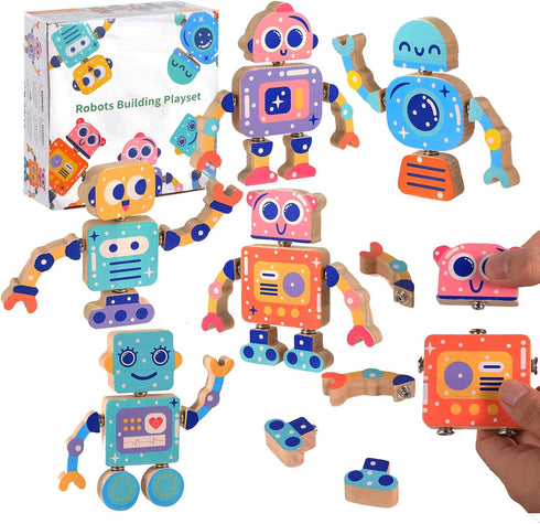 Wooden Snap Together Building Toys, STEM Blocks Toys, 28 Pcs Robot Take