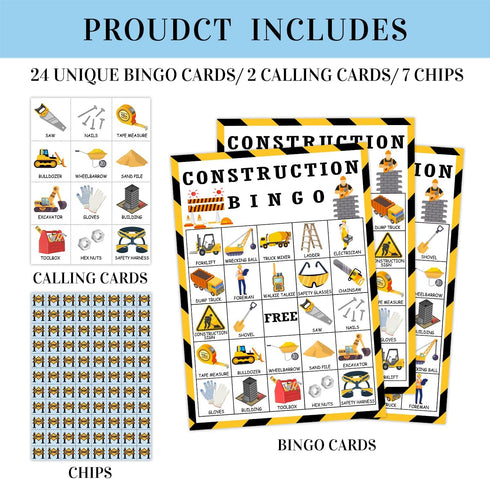 Construction Party Bingo Game, 24 Player Construction Truck Bingo Cards Set for Family Friend Activity, Construction Party Favor Decoration Holiday Supplies -a09