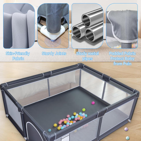 Baby Playpen, 50 x 50 inch Playard for Babies and Toddlers, Grey Baby Fence with Soft Breathable Mesh