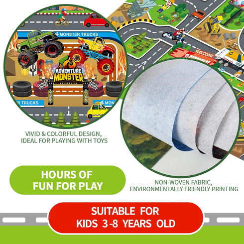 Oriate Kids Toy Dream Mat - Multi Color Monster Truck Activity Playmat, Ideal Educational Floor Mats for Children