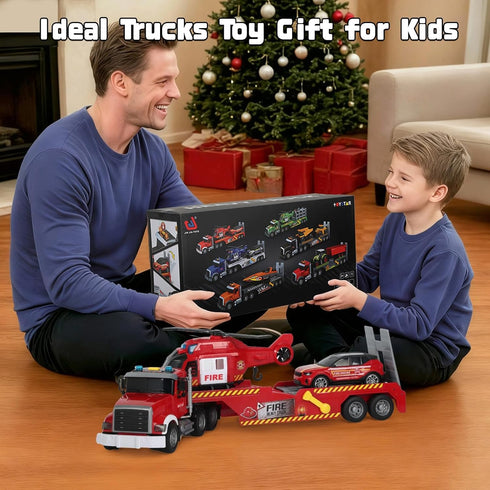 3 4 5 6+ Fire Rescue Semi Trailer Truck Toy, Large Flatbed Truck Carrier with Rescue Vehicle and Helicopter, Lights