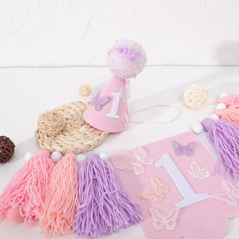 BASCT 1st Butterfly Birthday High Chair Banner - Fairy Pink and Purple Tassel, Spring Decoration for Girls (Highchair