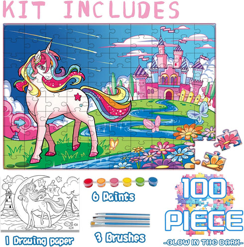 Wings Gaint Glow in The Dark 100 Piece Unicorn Puzzle with Paints for Kids Ages 4-8, Birthday Gift Idea