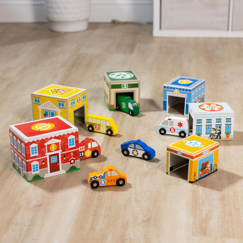 Melissa & Doug Nesting and Sorting Blocks - 6 Buildings, 6 Wooden Vehicles, FSC Certified