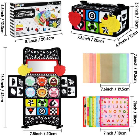Dr.Rapeti Tummy Time Mirror Toy Tissue Box Toy 3in1 Baby Toy Black and White High Contrast Double-Sided Foldable Sensory Montessori Toy Crinkle Silk Scarves Teethers 0-6 6-12 Month Newborn Infant Baby