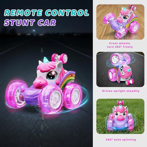 HudinFunC 360 Lights,4WD 3 4 5 6 Unicorn Remote Control Car for Girls, Rechargeable Rotating Stunt RC Car with LED