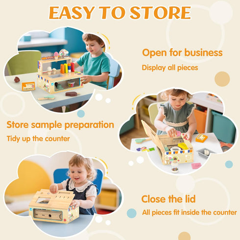 Set 52-Piece Counter Playset 3 4 5 6 Foldable Wooden Ice Cream Toy Pretend Play Food Store for Toddlers, Kids Ice Cream