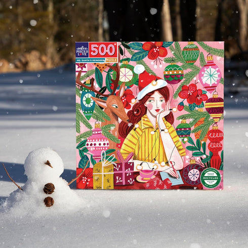 eeBoo Piece & Love: Ms. Santa's Reindeer 500 Piece Puzzle, Adult Square Jigsaw, Christmas Holiday Themed