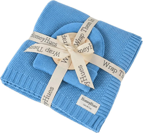 HomeyHues Luxury Baby Gift Set for Newborns - 100% Cotton Knit Blanket Essentials