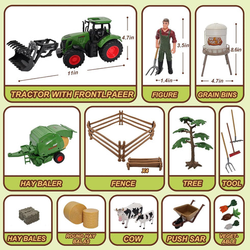 Set yset 3-7 Peagprav Farm Tractor Toys Bale Haying Round Baler with Barn, Farmer,Cow,Farm Tools,Tree Farm Tractor Pla
