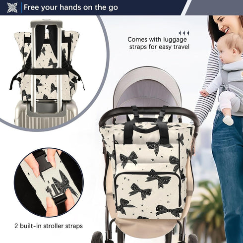 BOESI Backpack, Mommy Backpack Graffiti Black Bow Diaper Bag Bag, Multifunctional Diaper Bag, Travel