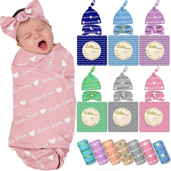 TaiJshaNc Personalized Baby Blanket Girl Boy Custom Name Swaddle Newborns Hat Set Customized