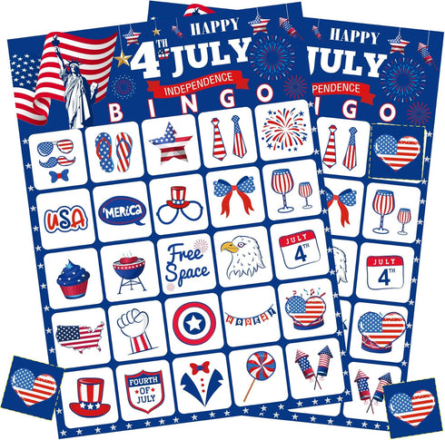 4th of July Bingo Cards - 24PCS Red White and Blue Cards for Kids and Adults Patriotic Activities