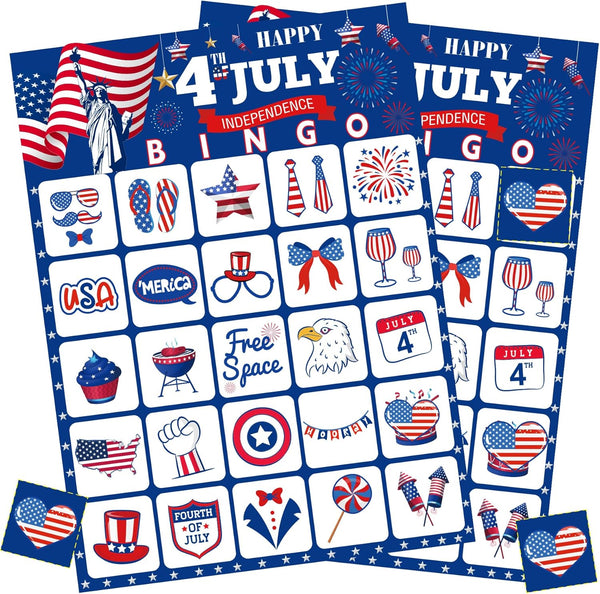 4th of July Bingo Cards - 24PCS Red White and Blue Cards for Kids and Adults Patriotic Activities