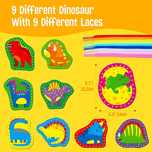 9 Pieces Kids Lacing Cards, Double Sided Sewing Cards with 9 Dinosaurs and Colorful Laces, Educational Activity