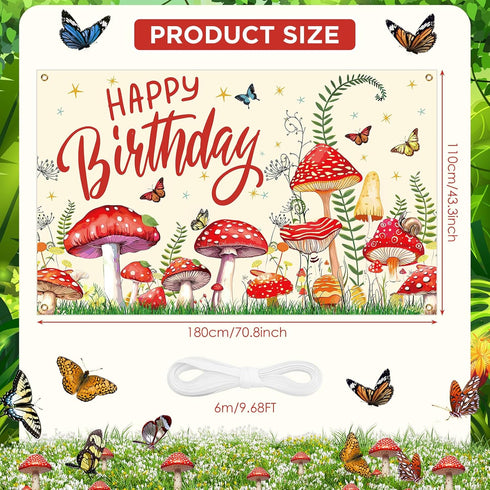 Mushroom Birthday Party Decorations, Mushroom Birthday Banner Backdrop Wildflower Party Banner Photo Photography