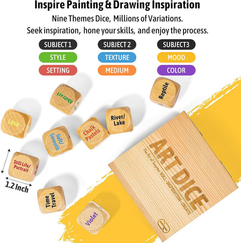 Inspiration Art Dice Set with Art Principles Cards - Color Wheel & Painting Knowledge, 9 Dice for Adults, Creative Gifts