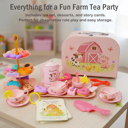 Set 47PCS Sets 3-5 Lajeje Pink Barn Tea Party for Little Girls, Farm Animal Pretend Play Tea Time Kit, Tea for Toddlers