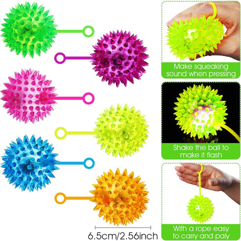 24 2.56 Inch 6 Civaner Pcs Light up Balls LED Flashing Spiky Bouncy Balls Sensory Toys Bulk Light up with Rope Flash