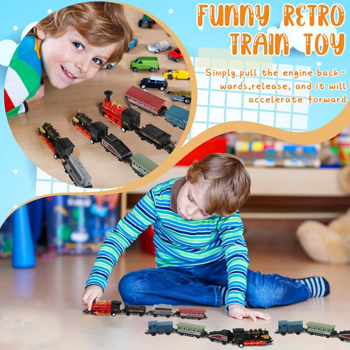 2 Sets 3 Hanaive Train Toys Small Pull Back Alloy Retro Steam Train with Cars Simulation Model Diecast Locomotive
