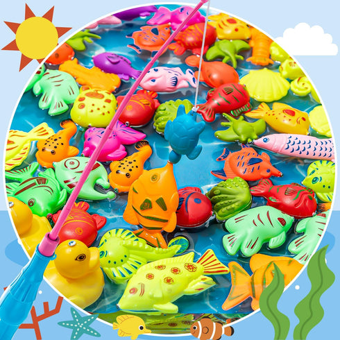 LHSYFBZ 62Pcs 4-8 Magnetic Fishing Game for Kids, Bathtub Kiddie Party Toy, Plastic Floating Fish with Pole Rod Net