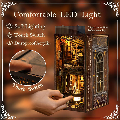 Kangomelon 3D DIY Book Nook Kit Wooden Bookshelf Miniature Serenity Coffee House Kit Wooden Puzzles Bookends Miniature