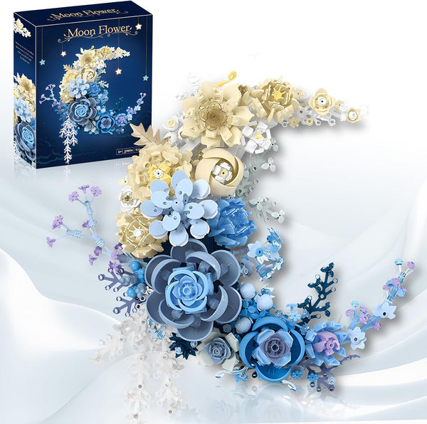 SUNHABI Flower Building Set for Adults, Crescent Moon Botanical Art Display, Creative Floral