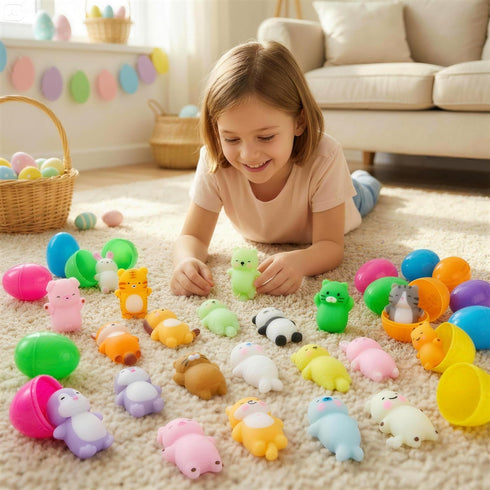 24 JOYIN Pcs Easter Prefilled Eggs with Mochi Squishy Toys, Lovely Animal Stress Reliever Squishy Toy for Easter Theme