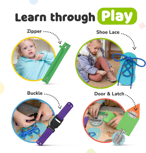 deMoca Busy Board for Toddlers, Montessori Wooden Activity Sensory Board, 10 Activities for Learning Fine Motor Skills