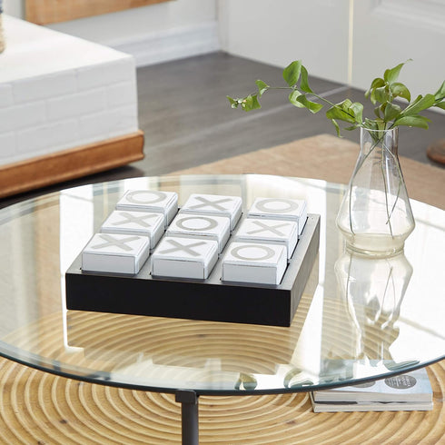 Deco 79 Black Wood Tic Tac Toe Game Set with White Block Pieces, 14" x 14" x 4"