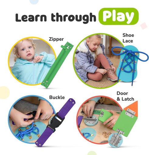 deMoca Busy Board for Toddlers, Montessori Wooden Activity Sensory Board, 10 Activities for Learning Fine Motor Skills